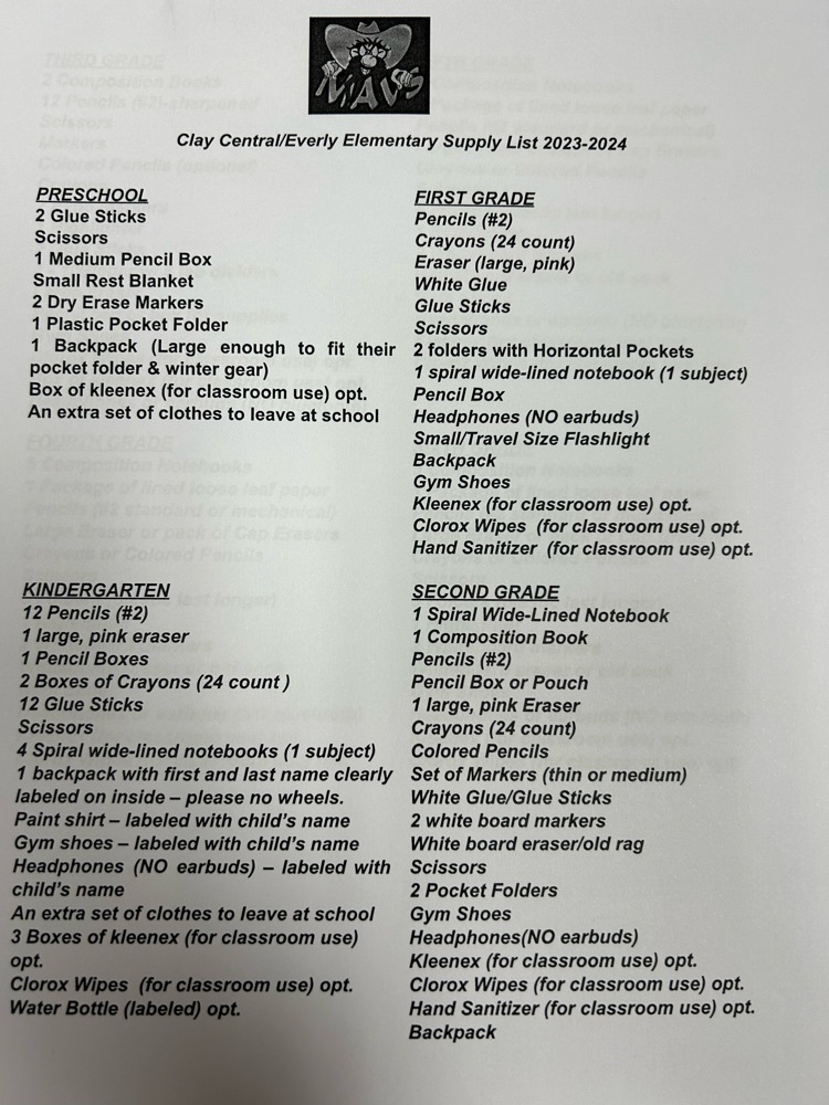 School Supply Lists Clay Central Everly