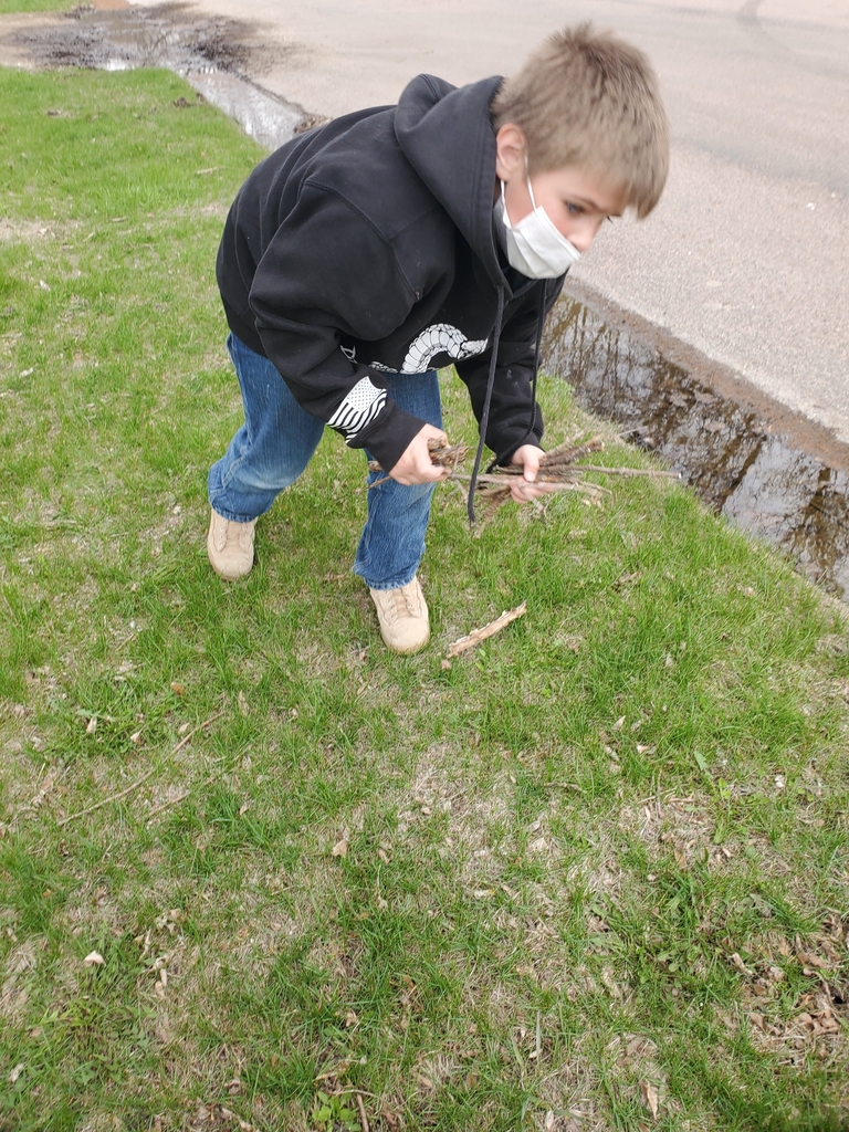 student picking up sticks